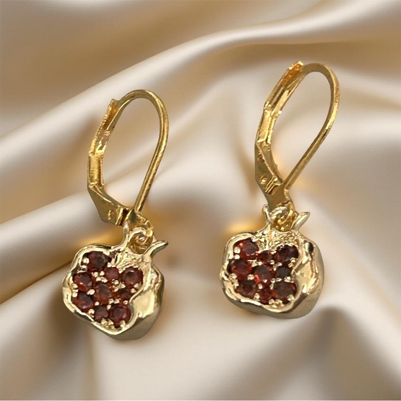 Gold Pomegranate Earrings with Red Crystal Accents - Picture 9 of 10